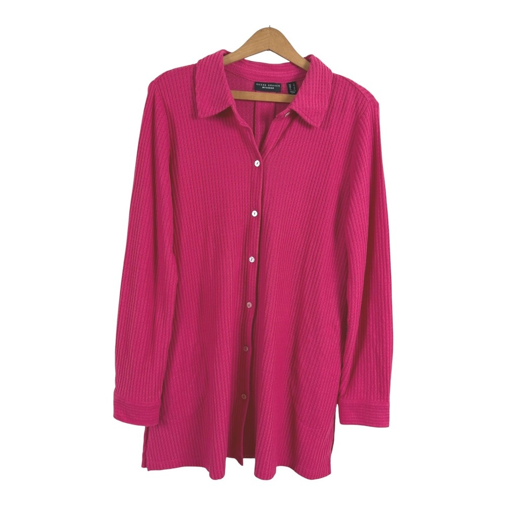 Susan Graver Weekend Women Brushed Waffle Knit Button Up Shirt Large Travel